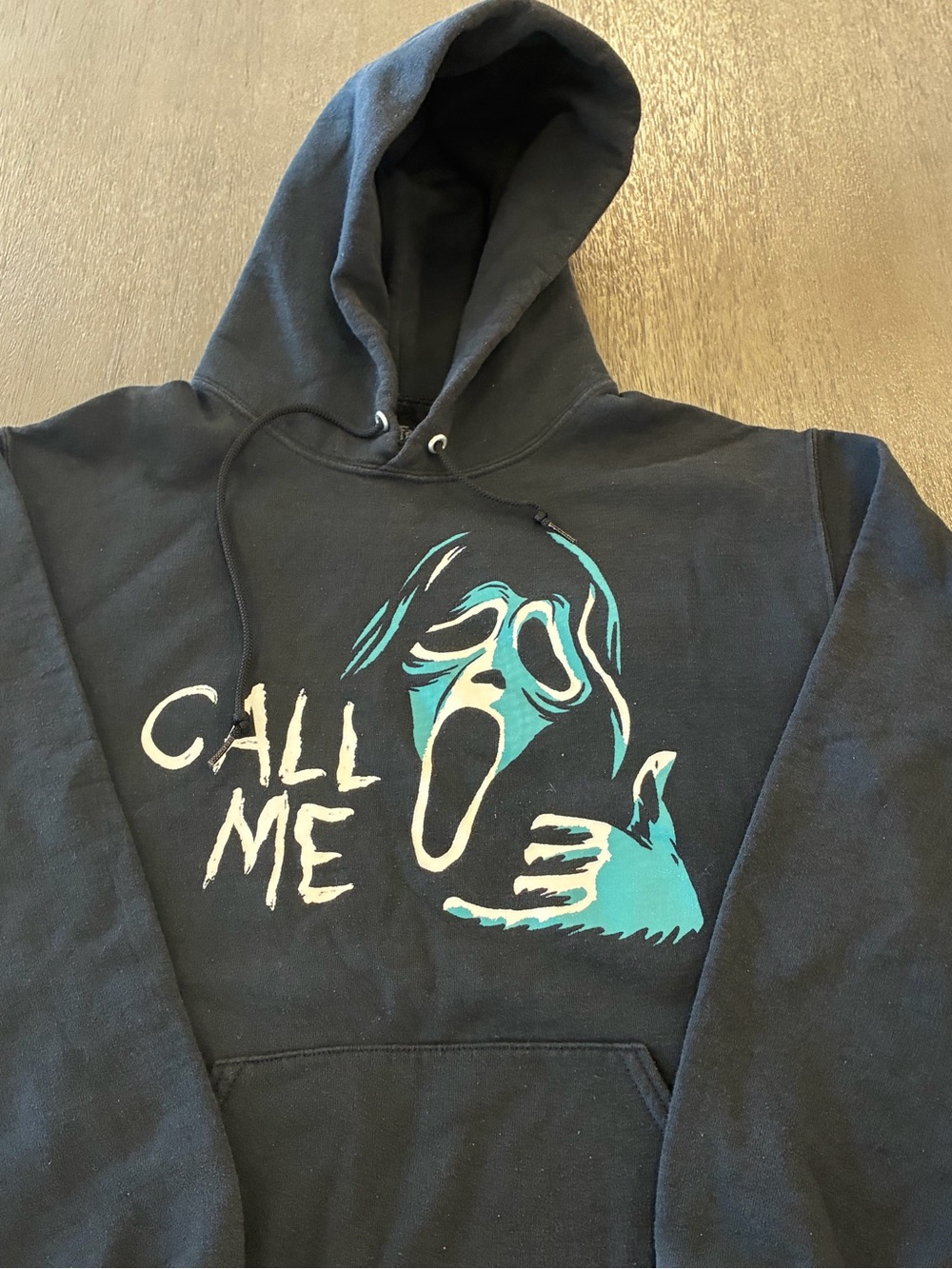 Black Graphic Crewneck Hoodie with Teal Call Me Design
